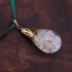 Vintage Original Horace Welch 14k Yellow Gold Floating Opal Tear Drop Pendant